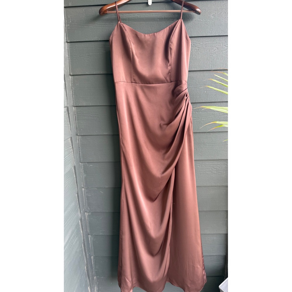 Birdy Grey Bronze Brown Satin Formal Maxi Dress Ruched Slip Gown Large - Picture 3 of 9